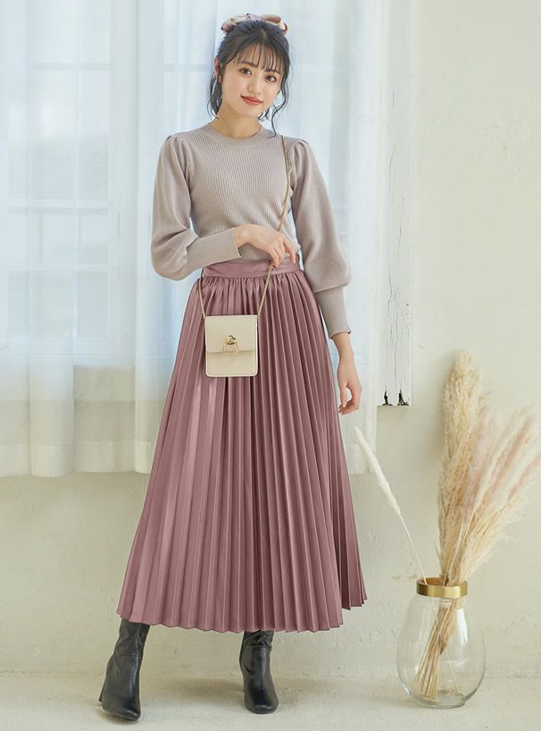 日本 GRL - 光澤皮質百褶長裙-深咖啡