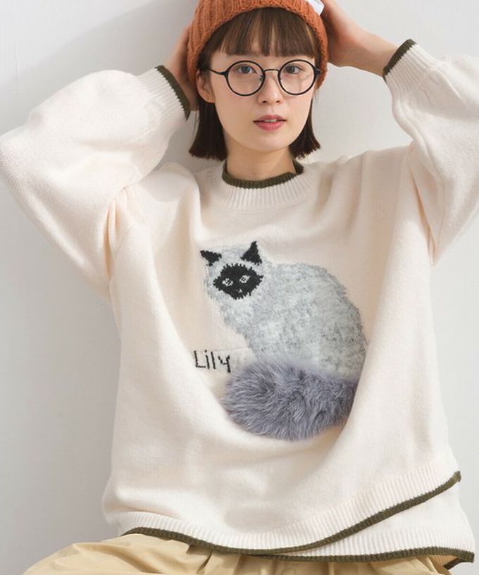 日本 Lupilien - 毛絨尾巴貓咪設計感針織長袖上衣-米白