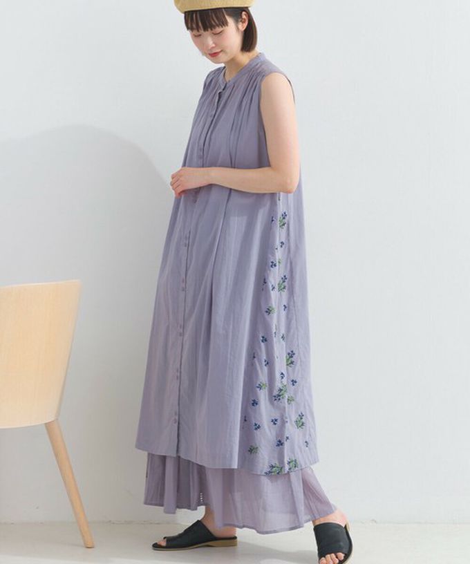 日本 Lupilien - 100%印度棉 優美植物側邊刺繡無袖洋裝-薄荷