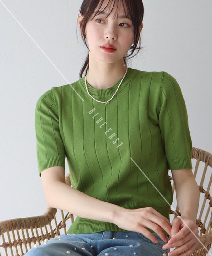 日本 BLUE EAST - 羅紋彈性薄針織五分袖上衣-薄荷綠