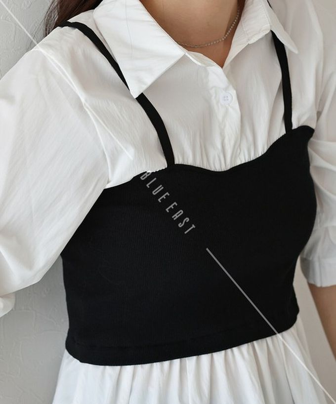 日本 BLUE EAST - 假二件俐落時尚疊穿五分袖上衣-黑x白