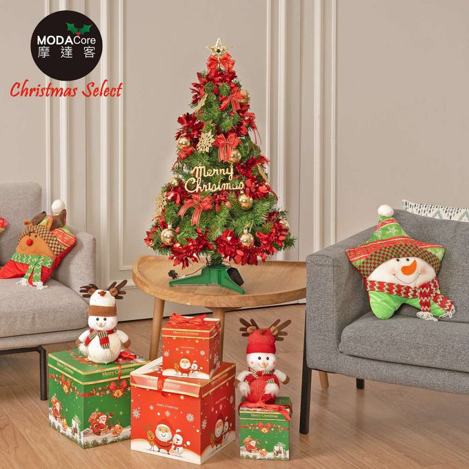 MODACore 摩達客 - 摩達客耶誕-3尺/3呎(90cm)特仕幸福型裝飾綠色聖誕樹 (綺紅金雪系配件)超值組含全套飾品不含燈/本島免運費