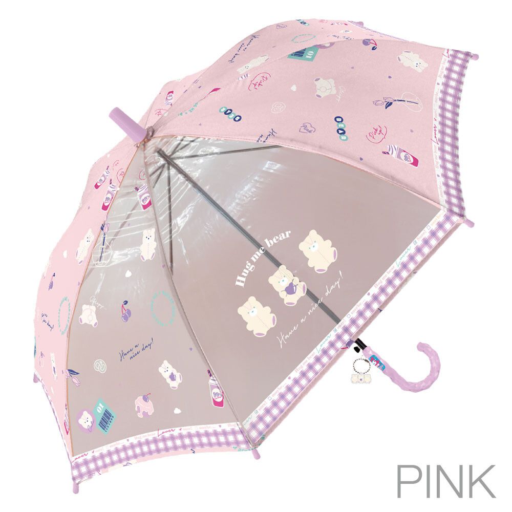 日本中谷 - 透明窗設計兒童雨傘/直傘-熊熊格紋-粉紅 (50cm(身高115-125cm))