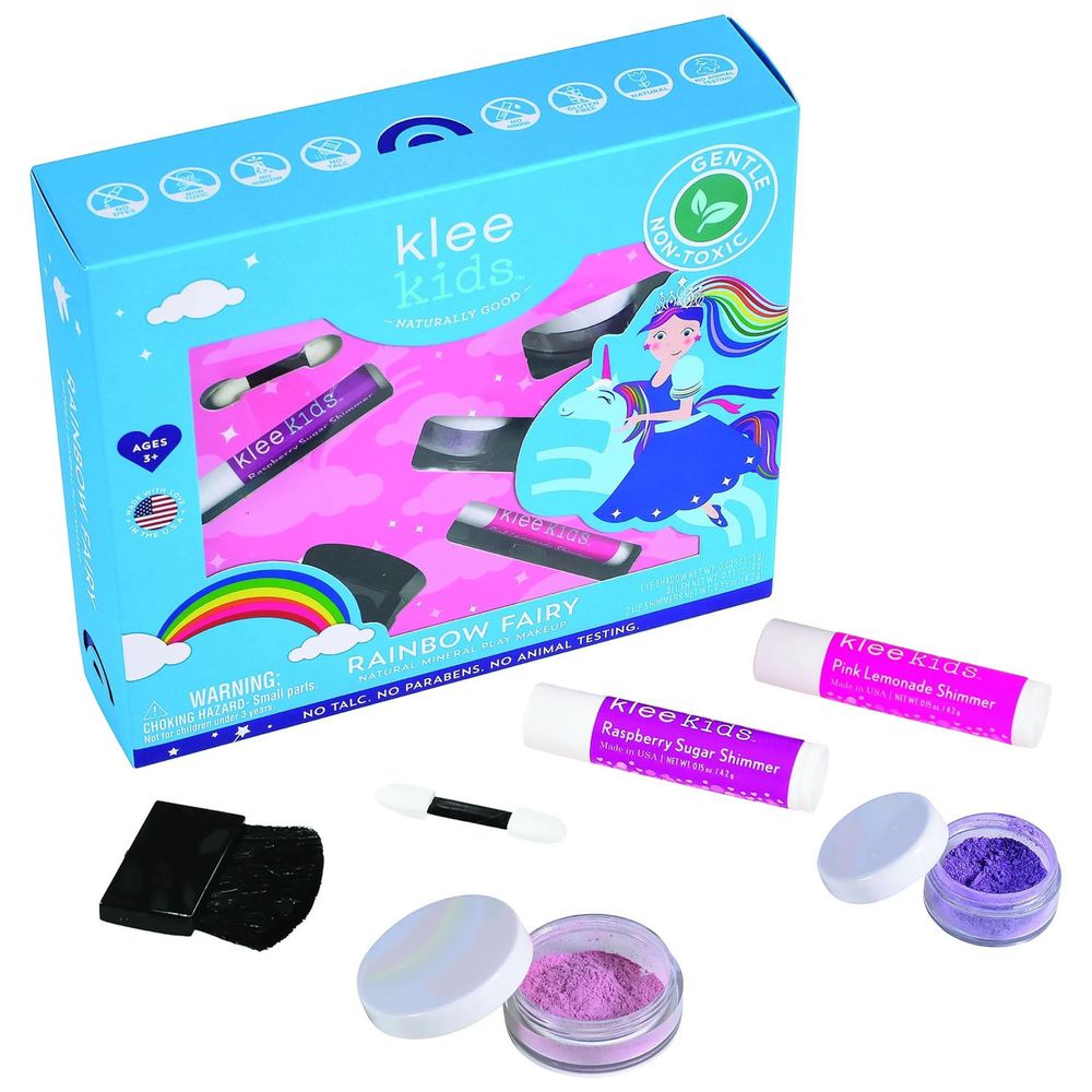 美國 Klee Kids - 彩虹精靈彩妝組-星鑽紫礦物眼影(1g)+炫彩粉礦物腮紅(3g)+粉檸檬亮光潤唇膏(4.2g)+寶貝紅亮光潤唇膏(4.2g)+雙頭眼影棒/腮紅刷(共6件)