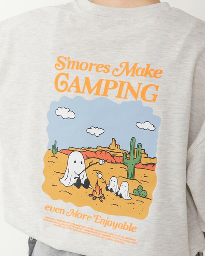 日本 gleam - 俏皮露營幽靈印花寬大風T恤-炭灰