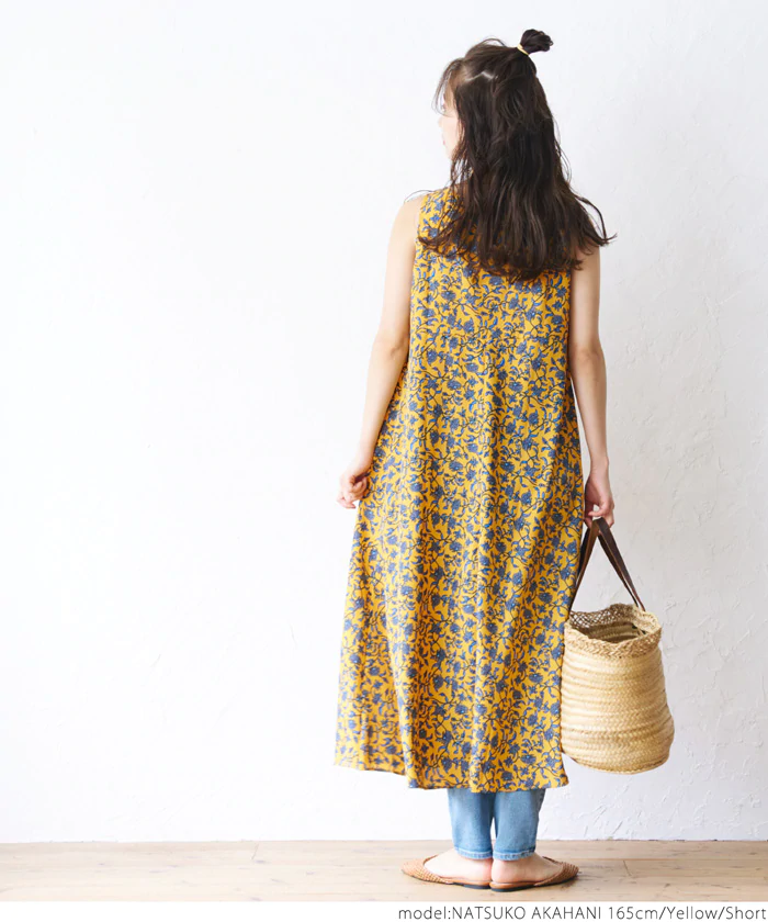 日本 COCA - 夏日繽紛碎花無袖洋裝-黃