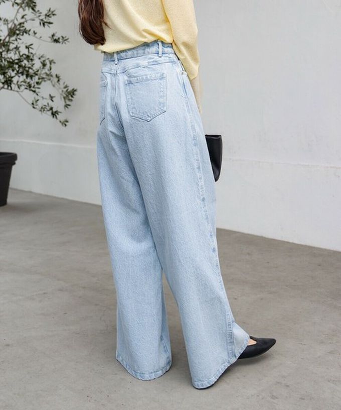 日本 Bab - 腳長效果 摺線丹寧印度棉寬褲-靛藍