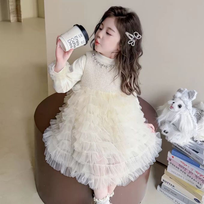新年拜年生日Party法式甜美珍珠鑽飾領口網紗蛋糕裙長袖洋裝-奶油白