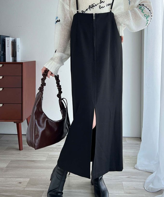 日本 Classical Elf - 前後2WAY簡約大口袋開叉吊帶裙-黑