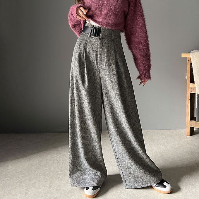 日本 Classical Elf - 腰帶造型粗花呢高腰美腿寬褲-黑