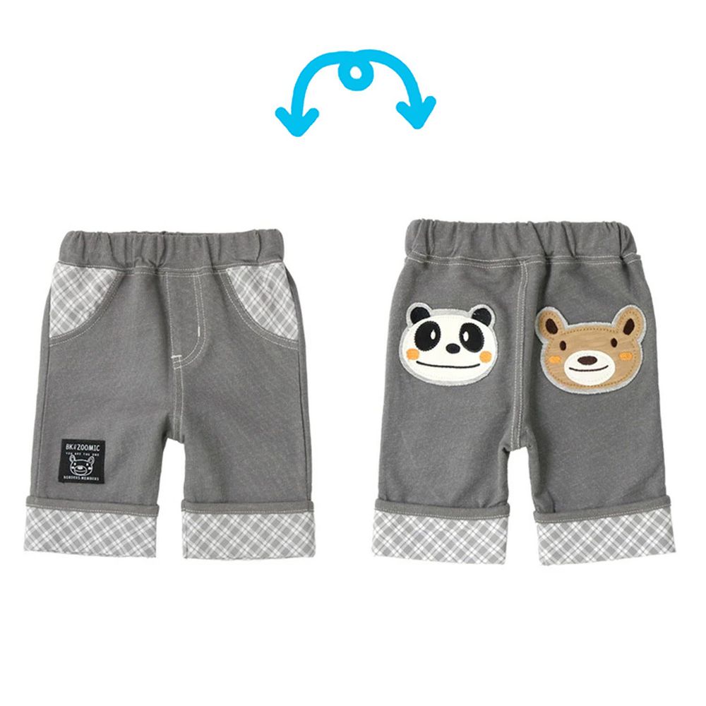 日本 ZOOLAND - 動物格紋五分褲-小熊熊貓大臉-灰