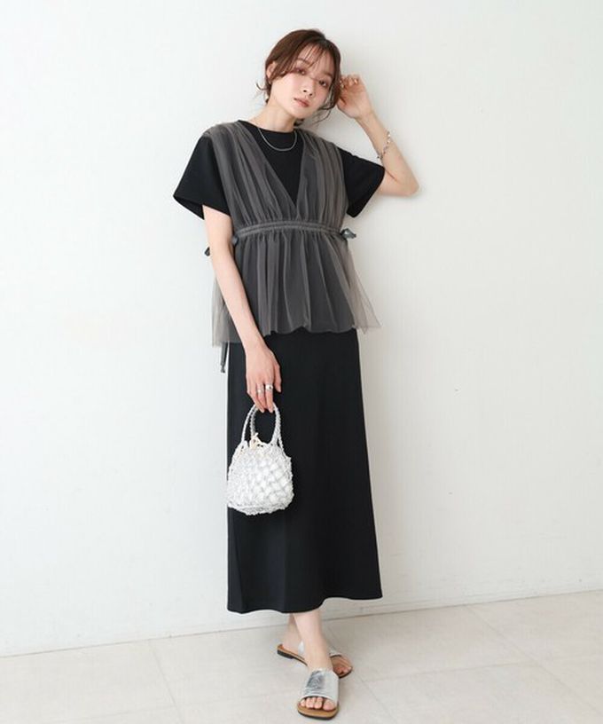 日本 Bab - 層次設計感薄紗拼接短袖洋裝-黑