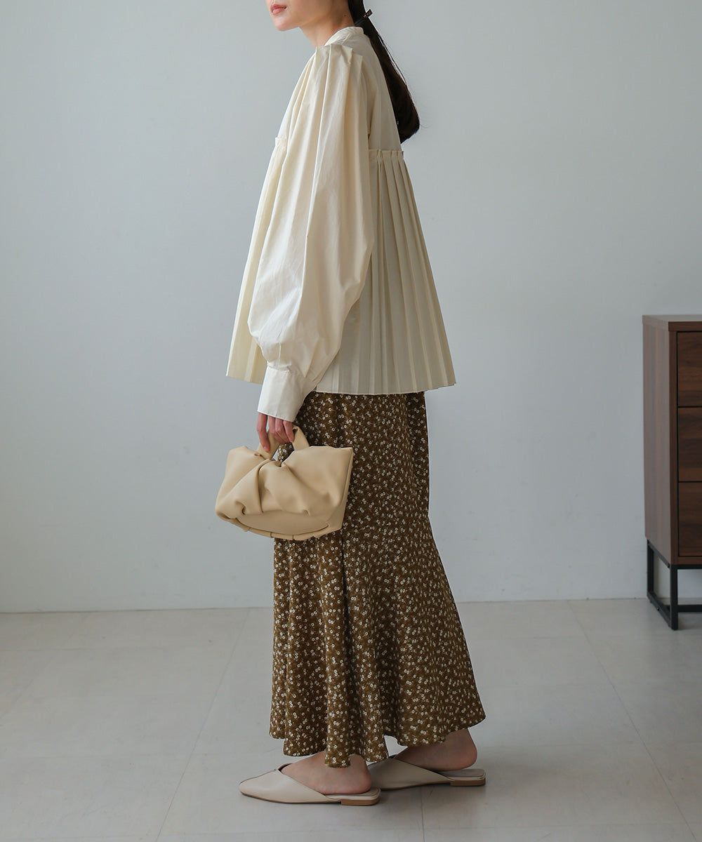 日本 Bab - 歐風百褶拼接泡泡袖襯衫-灰棕