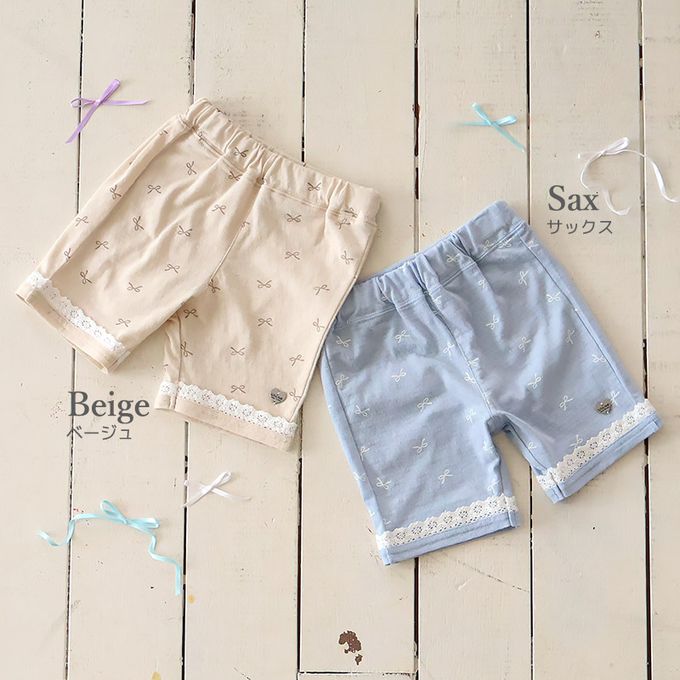 日本 ZOOLAND - 滿版蝴蝶結蕾絲滾邊短褲-貝殼口袋-米杏