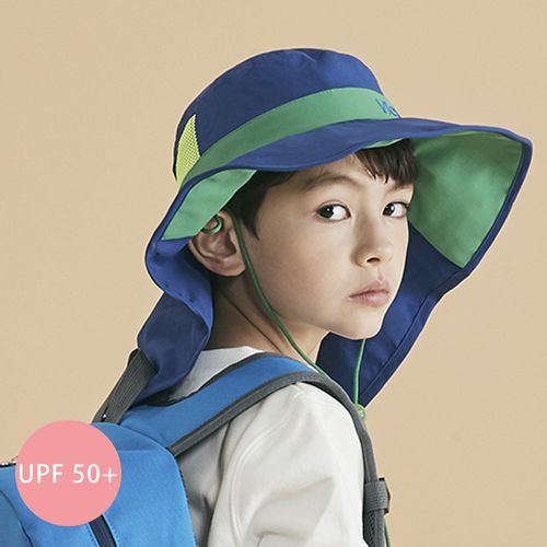 韓國 Victoria & Friends - UPF 50+ 防潑水透氣軟鋼絲遮脖遮陽帽(附口哨)-大海藍