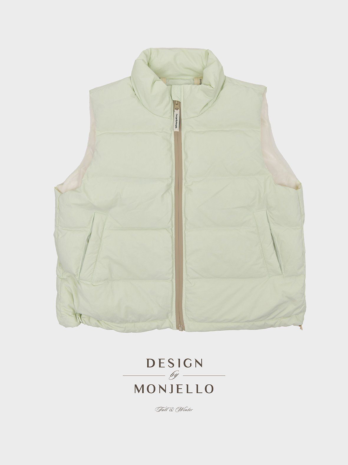 韓國 MONJELLO - (100%鴨絨)防潑水立領羽絨背心-淺卡其