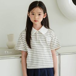 韓國 sm2 - 學院風翻領條紋短袖上衣-奶油米