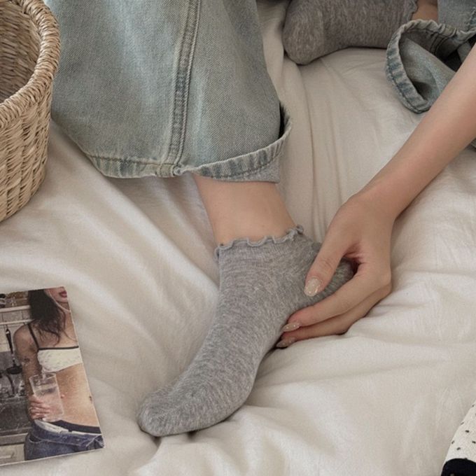 love, charlotte - 木耳花邊透氣全棉襪 - 腳踝襪 - (Free (腳長22~25cm)) - 3 雙一組