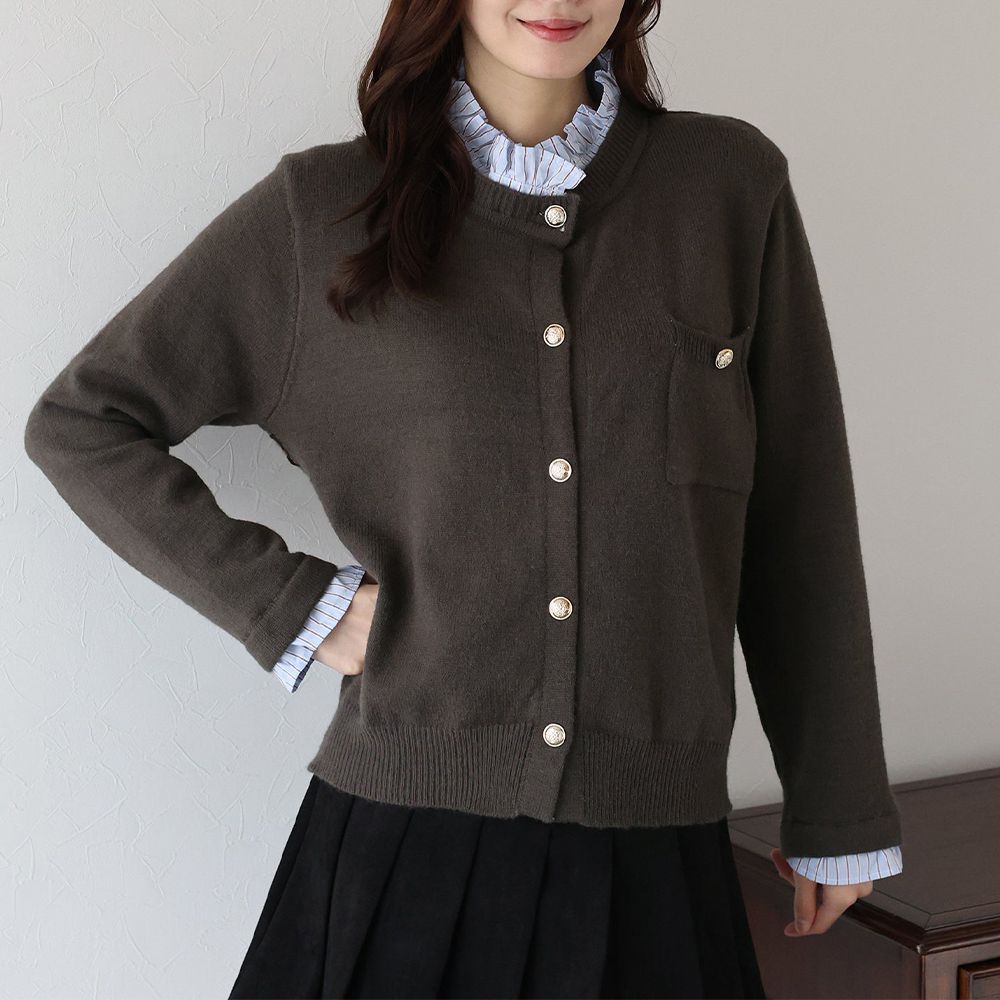 甜心假二件荷葉領金扣開襟衫-深咖啡 (M)