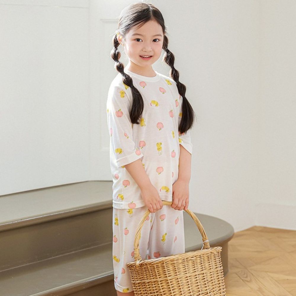 清涼嫘縈透氣7分袖家居服/睡衣-萌萌蘋果動物-米白