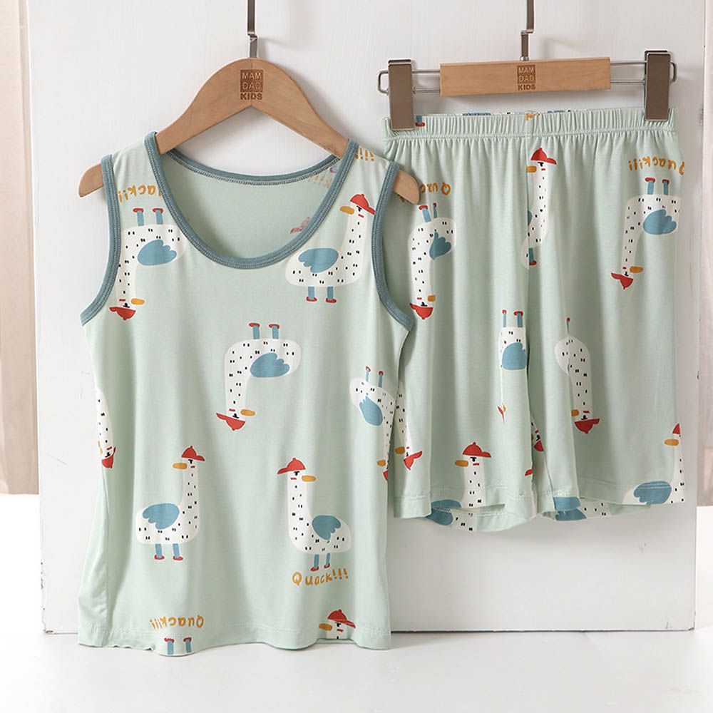 涼感莫代爾無袖套裝/家居服-滿版大鵝-綠色