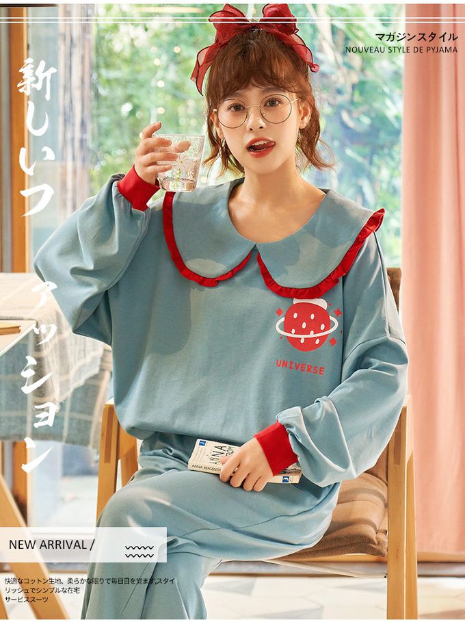 棉質休閒長袖家居服/睡衣套裝-格紋+兔兔-杏+紅