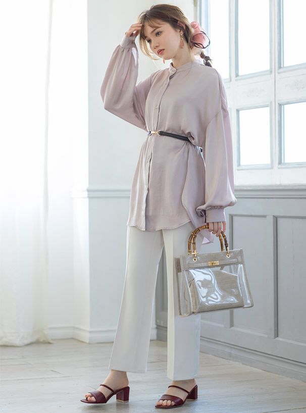 日本 GRL - 仿竹把手透明子母梯形手提包/側背包-仿皮-灰杏 (F)