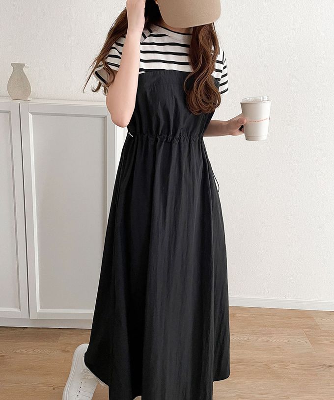 日本 Classical Elf - 法式袖拼接縮腰抽繩洋裝-條紋x黑