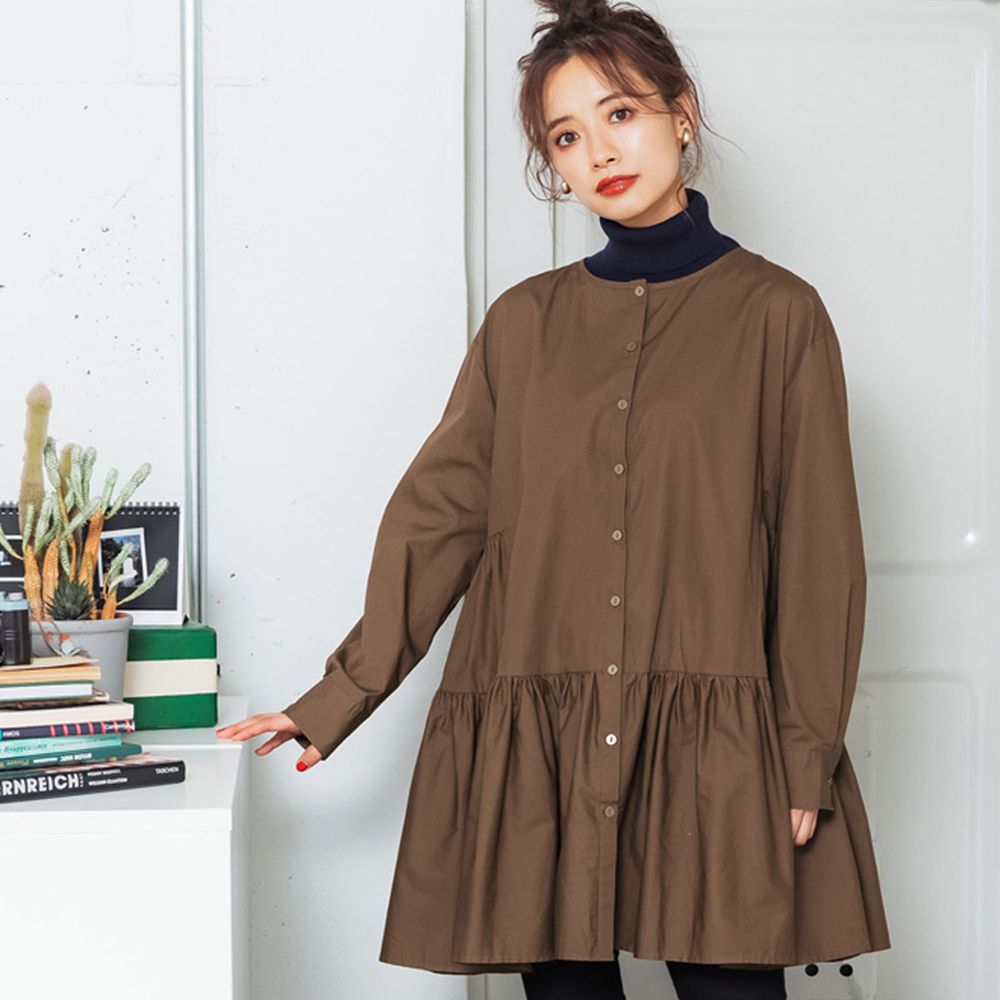 日本 COCA - 純棉荷葉裙襬寬版襯衫/洋裝/外套-咖啡 (L)