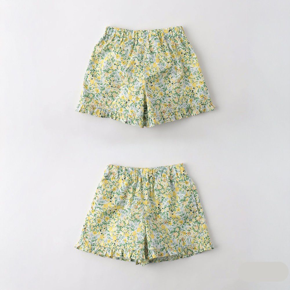 清爽可愛摺邊後口袋短褲-花卉-黃綠