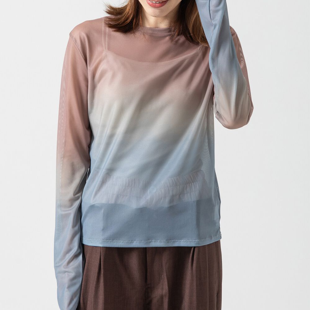 唯美漸層透膚圓領長袖上衣-橙棕x灰藍