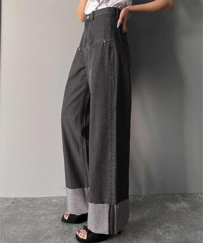 日本 Classical Elf - Java 時尚大反摺修身丹寧寬褲-淺藍