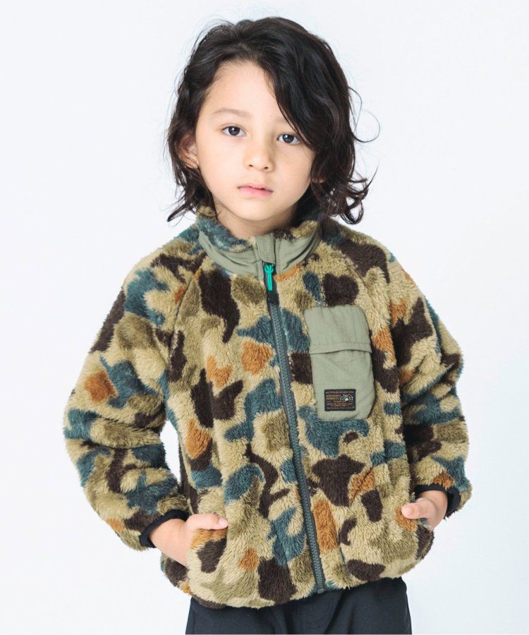 日本 BREEZE - 微立領泰迪熊保暖外套-迷彩-灰綠