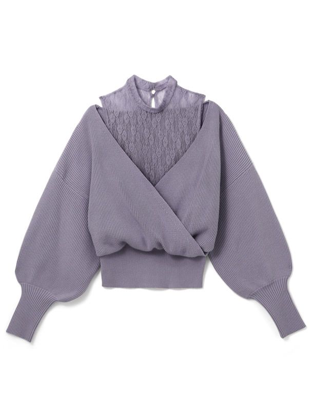 日本 GRL - 蕾絲緹花羅紋泡泡袖針織上衣-淺灰杏