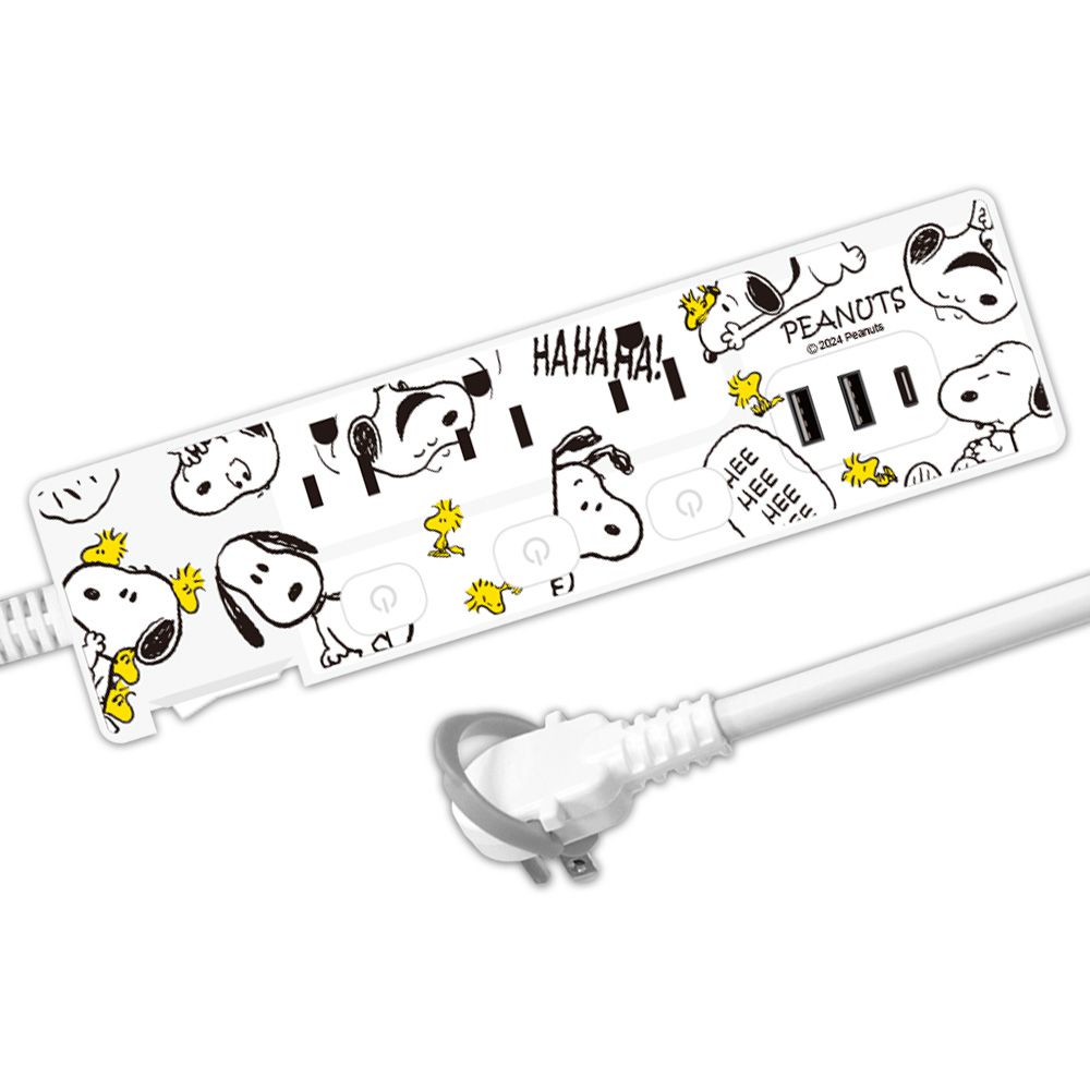 SNOOPY PD 37W 平貼式延長線 按壓式4開3插+ USB 1.8M/6尺 (1650W)-百變生活