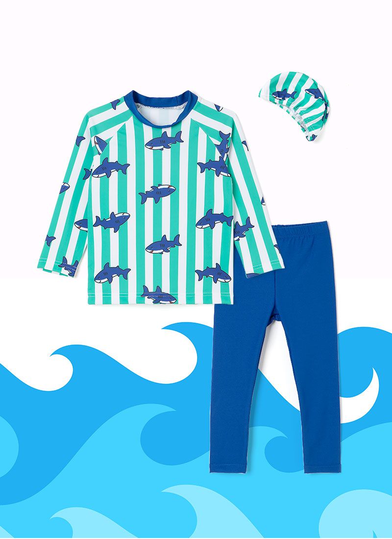 韓國 OZKIZ - 抗UV防曬兒童泳裝-三件組-條紋鯊魚