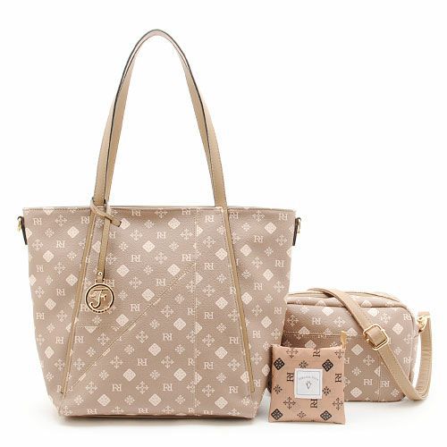 日本 FIRANO - [雜誌揭載]經典花紋仿皮托特包+側背包2件組-附摺疊購物袋-米白 (30x40x14cm)