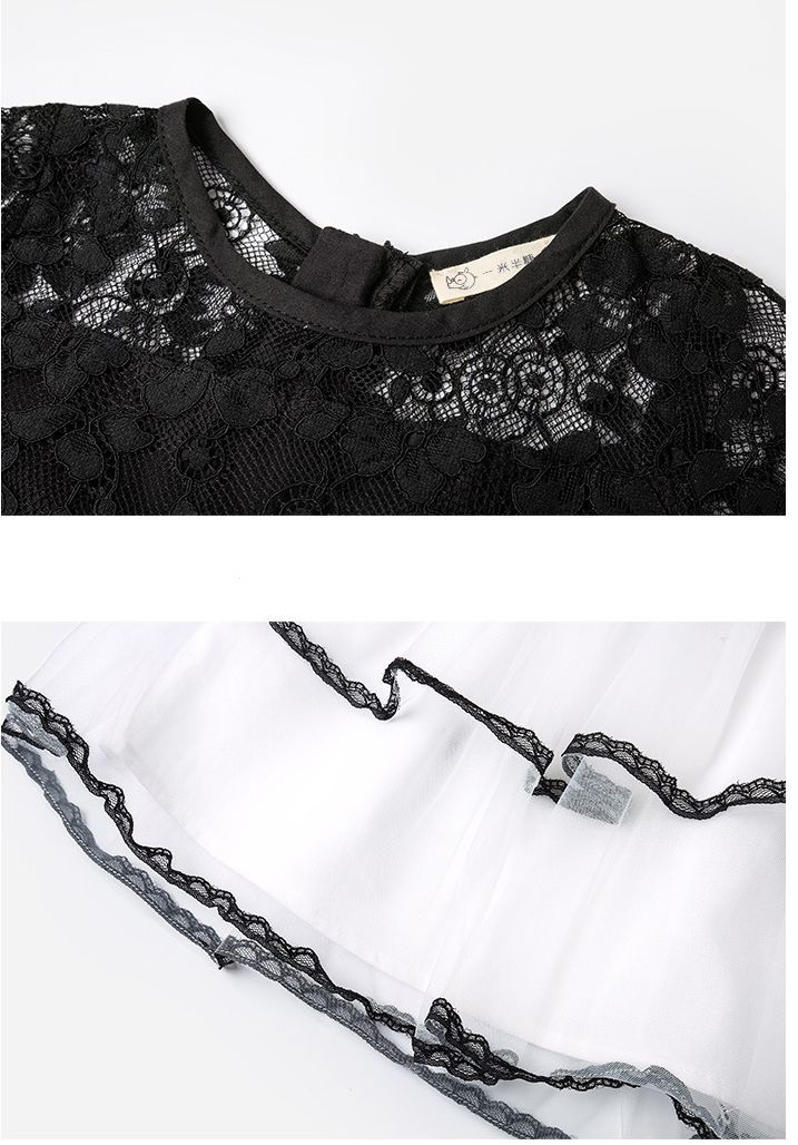 甜美網紗蛋糕裙蕾絲短袖洋裝-蕾絲上衣-黑+白