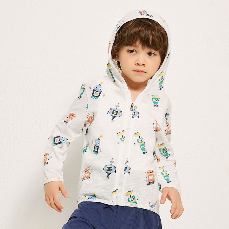 純棉連帽防曬外套/空調外套-小小機器人-白色
