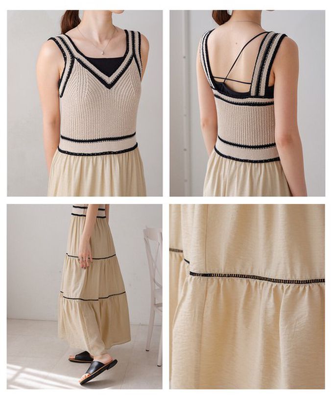 日本 Bab - 純棉針織拼接渡假風無袖洋裝-淺米杏