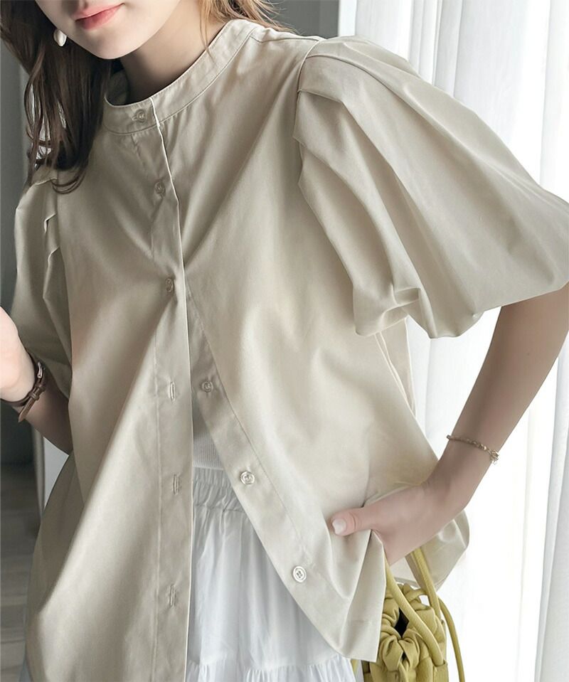 日本 Classical Elf - 氣質皺摺泡泡短袖襯衫-淺米杏