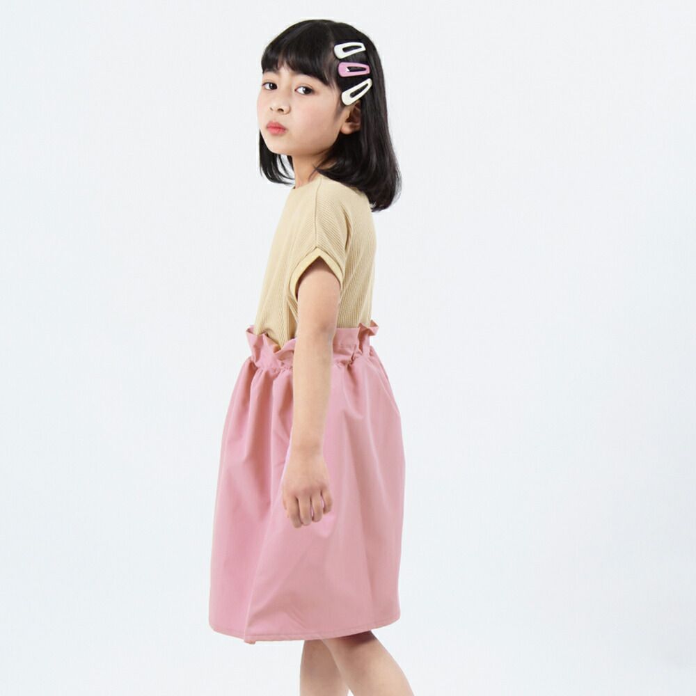 日本 evercloset - 透氣華夫格折邊拼接短袖洋裝-奶茶x粉紅