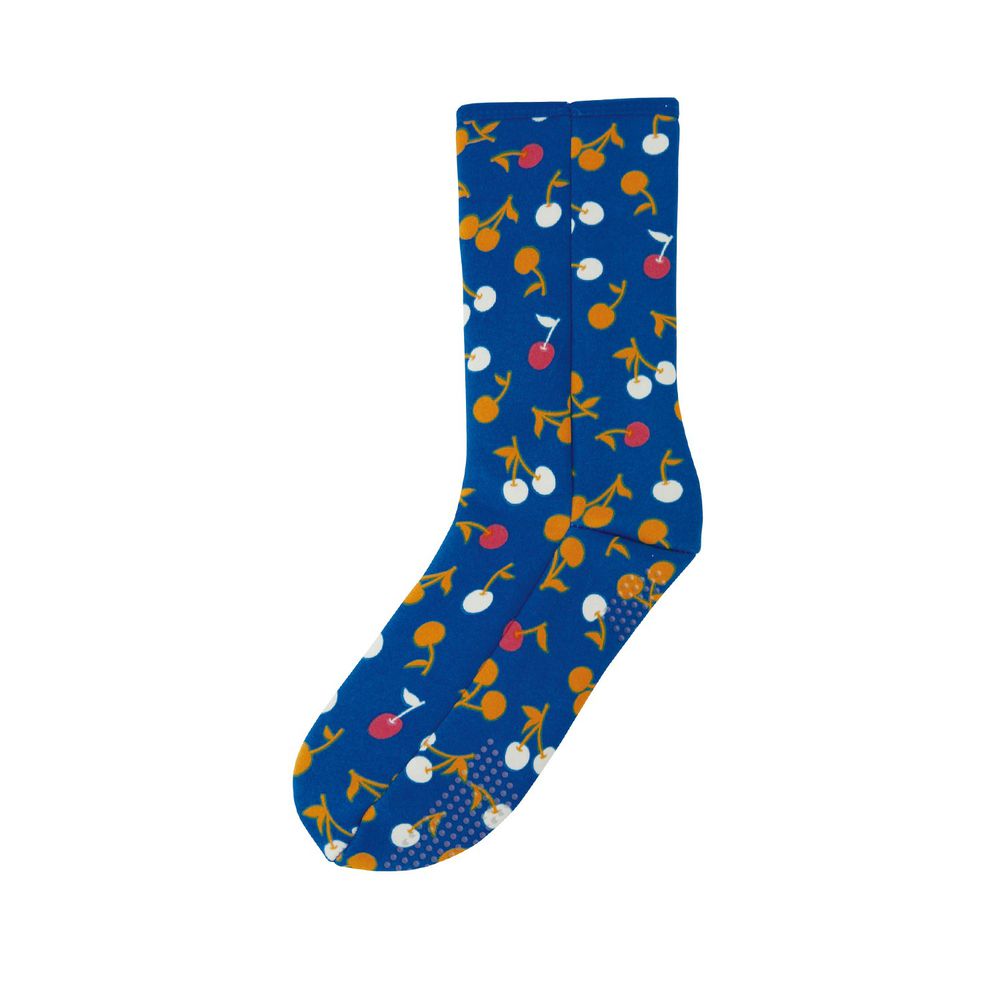 日本丸和 - 雙層機能裏起毛防滑室內襪-櫻桃-藍 (21-25cm)-中筒