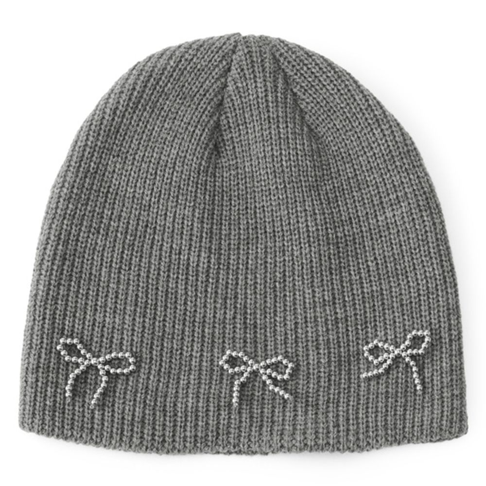 甜美珍珠蝴蝶結針織毛帽-灰 (F)