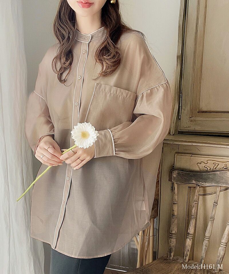 日本 Classical Elf - 優雅滾邊透膚感長袖襯衫-水藍