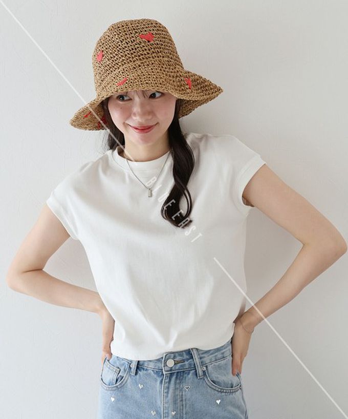 日本 BLUE EAST - 可愛刺繡編織遮陽漁夫帽-淺卡其