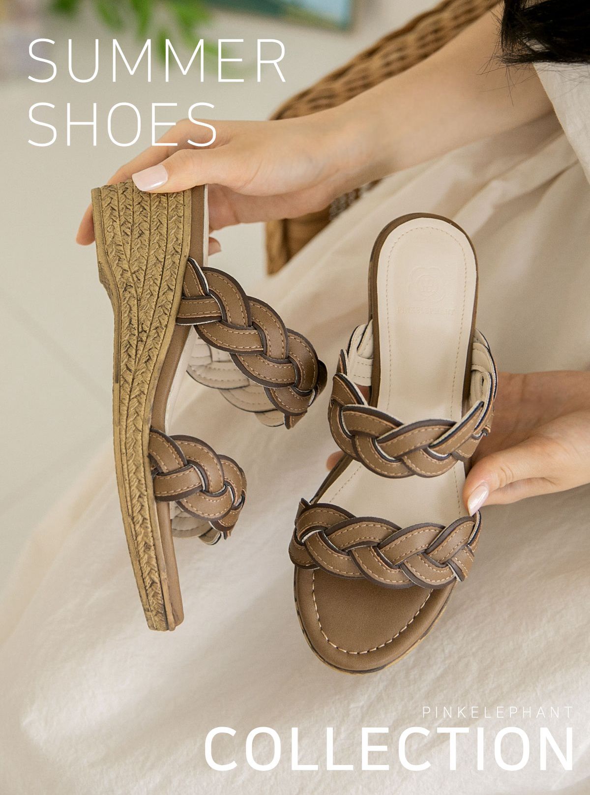 韓國 PINKELEPHANT - 雙辮楔型拖鞋(6cm)-棕