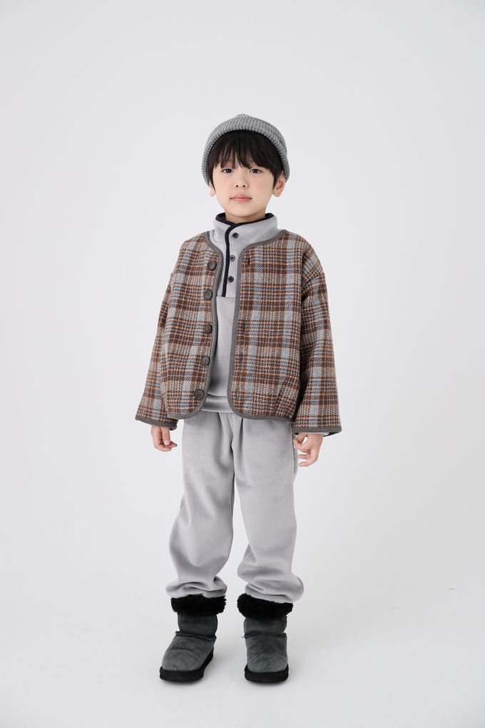 韓國 Coco Bang - 格紋毛呢感無領鈕扣外套-棕X深藍