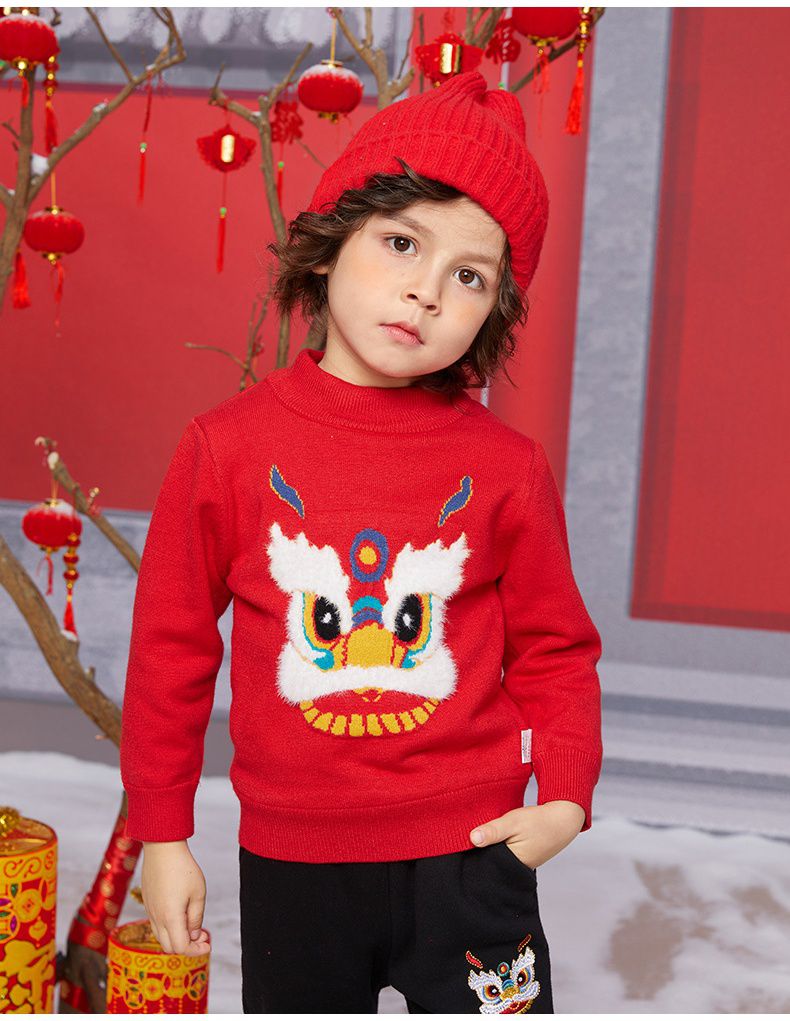(加絨)喜氣拜年圓領針織長袖毛衣-醒獅-紅色
