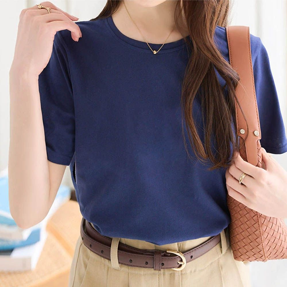 抗透汗 純棉圓領合身短袖上衣-海軍藍